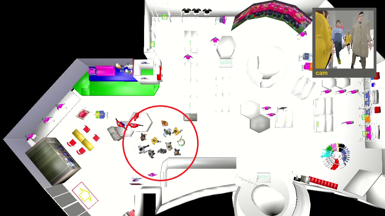 Robot inhibits movement of the crowd in a big clothing store